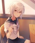  1girl a_certain_high_school_uniform accelerator_(toaru_majutsu_no_index) albino androgynous black_bracelet blue_sailor_collar blue_skirt bow chair classroom curious desk earphones fingernails flat_chest flower hair_flower hair_ornament hand_on_chair highres holding holding_earphones legs looking_at_viewer miniskirt pale_skin pixie_cut pleated_skirt pov raised_eyebrow red_eyes roruku sailor_collar sanpaku school_chair school_desk school_uniform shirt short_hair short_sleeves sidelocks single_earphone_removed sitting skirt solo summer_uniform sunlight suzushina_yuriko toaru_majutsu_no_index white_bow white_hair white_shirt window 