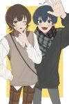  2boys :d :p absurdres arm_up bachira_meguru black_hair black_shirt blonde_hair blue_eyes blue_hair blue_lock blush brown_pants brown_vest closed_mouth collared_shirt colored_inner_hair cowboy_shot grey_pants grey_scarf hand_on_own_chin highres isagi_yoichi long_sleeves looking_at_viewer male_focus multicolored_hair multiple_boys one_eye_closed open_mouth pants scarf shinonome_kanon_(z_l89m) shirt short_hair smile standing stroking_own_chin tongue tongue_out vest white_shirt yellow_background yellow_eyes 