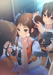  3girls antenna_hair applying_makeup black_eyes black_hair black_neckerchief black_skirt blush brown_hair closed_mouth double_bun hair_bun hair_ornament hairdressing hairpin highres jintsuu_(kancolle) kantai_collection koruri long_hair machinery makeup_brush mouth_hold multiple_girls naka_(kancolle) neckerchief pleated_skirt puffy_short_sleeves puffy_sleeves rigging sailor_collar school_uniform sendai_(kancolle) serafuku short_hair short_sleeves skirt two_side_up white_sailor_collar white_skirt 