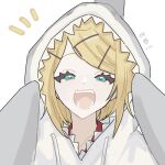  0211nami 1girl animal_costume blonde_hair blue_eyes hood hood_up hoodie kagamine_rin motion_lines multiple_hairpins open_mouth portrait shark_costume simple_background smile solo translation_request vocaloid white_background 