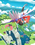  above_clouds absurdres brute_bonnet cave clouds commentary day flutter_mane flying grass great_tusk highres komepan koraidon lake no_humans outdoors pokemon pokemon_(creature) roaring_moon sandy_shocks scream_tail sky slither_wing water 