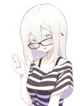  1girl asutora asutora-chan black-framed_eyewear blue_eyes collarbone glasses highres looking_at_viewer open_mouth original shirt smile solo striped striped_shirt upper_body white_hair 