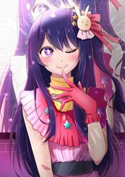  1girl belt black_belt blush closed_mouth dress finger_to_own_chin frilled_gloves frills gloves hair_between_eyes hair_ornament heart highres hoshino_ai_(oshi_no_ko) idol long_hair multicolored_eyes multicolored_hair one_eye_closed one_side_up oshi_no_ko pink_dress pink_gloves pink_ribbon purple_hair rabbit_hair_ornament ribbon sidelocks sleeveless sleeveless_dress solo star-shaped_pupils star_(symbol) star_hair_ornament streaked_hair suzuka_(user_vmxw2538) symbol-shaped_pupils turtleneck_dress violet_eyes 