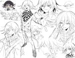  1boy buttons checkered_clothes checkered_scarf closed_mouth danganronpa_(series) danganronpa_v3:_killing_harmony flipped_hair grin hair_between_eyes hand_up highres long_sleeves male_focus oma_kokichi pants scarf shoes sideways_glance sketch smile teeth violet_eyes wa_noko 