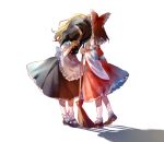  2girls aihara-rina apron black_skirt blonde_hair bow broom brown_hair detached_sleeves frilled_bow frills full_body hair_bow hakurei_reimu hat hiding holding holding_broom implied_kiss kirisame_marisa kiss mary_janes multiple_girls red_bow red_skirt ribbon-trimmed_sleeves ribbon_trim shadow shoes skirt skirt_set socks touhou waist_apron white_background witch_hat yuri 