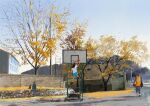  1boy 2girls ball basketball basketball_(object) blue_sky brick_wall building cat clouds cloudy_sky dark-skinned_male dark_skin faceless faceless_male fence highres morning multiple_girls original painting_(medium) park playing_sports power_lines sky slow_d sportswear traditional_media tree 