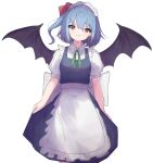  1girl absurdres bat_wings blue_hair blurry blurry_foreground closed_mouth commentary_request cosplay hat hat_ribbon highres izayoi_sakuya izayoi_sakuya_(cosplay) looking_at_viewer maid maid_headdress matcha_yado one_side_up pocket_watch red_eyes red_ribbon remilia_scarlet ribbon short_sleeves simple_background smile solo touhou watch white_background wings 