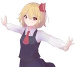  1girl absurdres ascot black_vest blonde_hair closed_mouth collared_shirt commentary commentary_request hair_ribbon highres long_sleeves looking_at_viewer matcha_yado outstretched_arms red_ascot red_eyes red_ribbon ribbon rumia shirt short_hair simple_background solo spread_arms touhou upper_body vest white_background white_shirt 