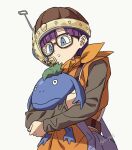  1girl animal bag blue_eyes chrono_trigger commentary_request glasses helmet holding holding_animal hosodayo long_sleeves lucca_ashtear nu_(chrono_trigger) orange_tunic purple_hair satchel signature simple_background toriyama_akira_(style) twitter_username white_background 