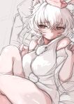  1girl animal_ear_fluff animal_ears bare_shoulders breasts closed_mouth hat highres inubashiri_momiji lying on_back red_eyes shirt short_hair solo tokin_hat touhou white_background white_hair white_shirt white_sleeves wolf_ears wolf_girl yoyoiro_(sysi20) 