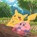 annoyed blue_sky blush_stickers clouds colored_skin crossover grass highres kirby kirby_(series) miclot pikachu pink_skin pokemon pokemon_(anime) pokemon_(classic_anime) pokemon_(creature) rope sky solid_oval_eyes tail