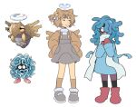  2girls absurdres animal_ears bell black_socks blue_coat blue_hair brown_hair brown_socks closed_mouth coat commentary dress english_commentary full_body grey_dress grey_footwear hair_ornament hair_over_one_eye halo highres humanization long_hair long_sleeves looking_at_another magicact multiple_girls pokemon pokemon_(creature) red_footwear red_mittens reference_inset scarf shedinja shoes short_hair simple_background smile socks standing tangela white_background white_scarf 
