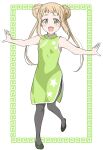  absurdres black_pantyhose blonde_hair blush china_dress chinese_clothes crust_gm0 double_bun dress female_child green_eyes hair_bun happy highres inose_mai koisuru_asteroid open_mouth outstretched_arms pantyhose shoes solo standing twintails 