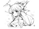  1girl 3: :&gt; bare_shoulders blush bow closed_mouth collarbone cropped_torso ear_blush falling_leaves from_side greyscale hair_bow hatching_(texture) horns ibuki_suika japanese_clothes kimono leaf linear_hatching long_hair looking_at_viewer looking_to_the_side monochrome off_shoulder oni_horns outdoors pointy_ears signature sketch solo split_mouth tanasuke touhou wind 