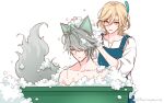  2boys alhaitham_(genshin_impact) animal_ears apron aqua_eyes basin blonde_hair blue_apron bubble dog_boy dog_ears dog_tail feathers genshin_impact grey_hair kaveh_(genshin_impact) male_focus multicolored_hair multiple_boys red_eyes shirt short_hair tail topless_male twinayaume white_shirt 