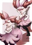  1girl :3 alternate_color animal_ears animal_feet animal_nose arm_at_side artist_name black_fur blush body_fur border braixen commentary crossed_arms fang flat_chest fox_ears fox_girl fox_tail furry furry_female hand_on_own_hip happy highres ikei looking_at_viewer looking_to_the_side multicolored_fur multiple_views neck_fur open_mouth outside_border pokemon pokemon_(creature) purple_background purple_fur red_eyes shiny_pokemon signature simple_background skin_fang smile snout standing stick symbol-only_commentary tail tongue white_border white_fur 
