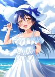  1girl absurdres arm_behind_back bare_arms blue_hair blue_sky blush clouds day dress hair_between_eyes hand_on_headwear haruharo_(haruharo_7315) hat highres long_hair looking_at_viewer love_live! love_live!_school_idol_project open_mouth outdoors sky sleeveless sleeveless_dress smile solo sonoda_umi sundress white_dress yellow_eyes 