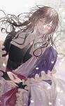  1boy androgynous bishounen black_shirt bridal_gauntlets cherry_blossoms floating_hair frills grey_hair hair_between_eyes highres interlocked_fingers long_hair male_focus msa_(fary_white) off_shoulder original own_hands_together parted_lips petals purple_robe red_pupils robe sash shirt smile solo upper_body white_eyes 