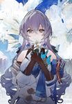 1girl blue_flower bronya_rand brown_eyes brown_gloves closed_mouth earrings floral_background flower gloves grey_flower grey_hair highres holding holding_flower honkai:_star_rail honkai_(series) jewelry long_sleeves looking_at_viewer multicolored_flower ringlets shirt smile solo white_background white_flower white_shirt yasumigohan 