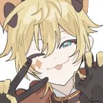  0211nami 1boy :3 animal_ears belt_collar black_gloves blonde_hair cat_boy cat_ears collar facial_tattoo gloves kagamine_len lowres male_focus one_eye_closed portrait short_hair simple_background solo tattoo tongue tongue_out vocaloid white_background 