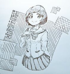  1girl blush bow character_request closed_mouth collared_shirt copyright_request eyelashes greyscale hand_on_own_chest hatching_(texture) hw602mgcm long_sleeves monochrome sailor_collar school_uniform serafuku shirt short_hair skirt smile solo split_mouth traditional_media translation_request 