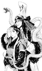  2girls absurdres behind_another black_fur black_hair boqta boraqchin_(tenmaku_no_jaadugar) braid cowboy_shot deel earrings freckles fur-trimmed_robe fur_trim gasoline_sichu greyscale hand_on_another's_face hand_on_another's_shoulder head_ornament highres jewelry layered_clothes long_hair long_sleeves looking_up moge_(tenmaku_no_jaadugar) mongolian_clothes monochrome multiple_girls old old_woman one_eye_covered open_clothes open_robe own_hands_together robe sleeves_past_fingers sleeves_past_wrists smirk snake tenmaku_no_jaadugar white_background 