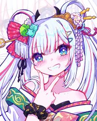  1girl absurdres barbell_piercing bare_shoulders bear_hair_ornament black_scrunchie blue_eyes blush chinese_commentary cho_kaguya-hime! collarbone collarbone_piercing commentary_request fan_hair_ornament fingernails fingers_on_chin gold_tiara grin hair_ornament hair_rings hair_stick hairclip hand_up highres japanese_clothes kanzashi kimono long_hair looking_at_viewer multicolored_hair off_shoulder piercing pink_streaks portrait print_kimono runami_yachiyo runami_yachiyo_(old_design) scrunchie smile solo streaked_hair tilted_headwear triangle_hair_ornament tsumami_kanzashi twintails v v_over_mouth white_hair white_kimono wrist_scrunchie yutsuko zoom_layer 