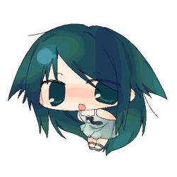  1girl :3 :d bare_arms bare_shoulders black_ribbon chest_ribbon chibi chibi_only dress fang flat_chest goodbyeworld404 green_eyes green_hair hair_flaps leaning_forward long_hair loose_hair_strand lowres open_mouth parted_bangs ribbon sandals saya_(saya_no_uta) saya_no_uta sidelocks simple_background sleeveless sleeveless_dress smile solo very_long_hair white_background white_dress 