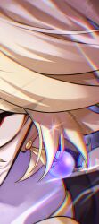  1boy aether_(genshin_impact) artist_name black_shirt blonde_hair braid chromatic_aberration commentary_request earrings electricity eye_focus eyelashes floating_earrings floating_hair genshin_impact jewelry long_hair looking_at_viewer low-braided_long_hair low-tied_long_hair male_focus purple_background sato_nji scarf shirt simple_background single_braid single_earring social_media_composition solo sparkle v-shaped_eyebrows veins watermark white_scarf 