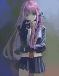  1girl black_gloves black_ribbon braid breasts brown_necktie closed_mouth collared_shirt danganronpa:_trigger_happy_havoc danganronpa_(series) gloves hair_intakes hair_ribbon hand_up highres jacket kirigiri_kyoko liu_(000giniro) long_hair long_sleeves looking_at_viewer miniskirt multicolored_background necktie open_clothes purple_hair ribbon shirt side_braid skirt solo thinking violet_eyes 