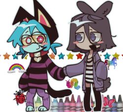  1girl 1other :d angel_martinez animal_collar animal_ears animal_feet animal_hat aqua_pupils black_thighhighs blue_hair blue_skin blush_stickers bob_cut bug butterfly cat_hat cat_tail clinical_trial_(game) collar colored_sclera colored_skin crayon crossover deformed domino_mask english_commentary eye_mask full_body hat highres holding_hands hood hooded_jacket jacket jitome ladybug leggings looking_at_another mask mimi_(psychocuties) no_nose open_clothes open_jacket outline psychocuties purple_hair purple_jacket purple_leggings rabbit_ears rabbit_tail rainbow red_eyes shirt short_twintails sleeves_past_fingers sleeves_past_wrists smile star_(symbol) striped_clothes striped_shirt striped_sweater sweater tail thigh-highs twintails violet_eyes white_background white_outline wwjbwuw yellow_sclera 