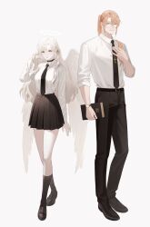  1boy 1girl absurdres angel angel_wings belt belt_buckle bible_(object) black_belt black_choker black_necktie black_pants black_skirt black_socks blonde_hair blue_eyes book breasts buckle choker collared_shirt cross cross_necklace degrees_of_lewdity double-parted_bangs dress_shoes fingernails full_body hair_between_eyes hair_ribbon halo hand_on_own_chest hand_up height_difference high-waist_skirt highres holding holding_book jewelry kneehighs large_breasts lipstick loafers long_hair long_sleeves looking_at_viewer makeup miniskirt necklace necktie oxfords pants parted_bangs pink_lips pink_ribbon player_character_(degrees_of_lewdity) player_character_(female)_(degrees_of_lewdity) pleated_skirt ponytail ribbon ring school_uniform shirt shirt_tucked_in shoes sidelocks simple_background sinner_o0 skirt sleeves_rolled_up smile socks standing sydney_(degrees_of_lewdity) sydney_(male)_(degrees_of_lewdity) traditional_halo very_long_hair watch watch wavy_hair wedding_ring white_hair white_halo white_shirt wings yellow_eyes 