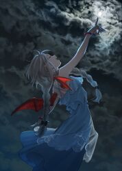  1girl absurdres bare_shoulders bow bracelet braid closed_eyes clouds cloudy_sky commentary demon_girl demon_wings dress fangs from_behind grey_hair hair_bow highres index_finger_raised jewelry koze_niire leaning_back long_hair makaino_ririmu makaino_ririmu_(1st_costume) moon night nijisanji open_mouth outdoors pointing pointing_up pointy_ears red_wings sky sleeveless sleeveless_dress solo twin_braids twitter_username untranslatable_commentary vampire virtual_youtuber white_dress wings 