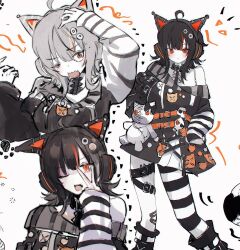  1girl :d ;d ahoge animal_ear_headphones animal_ears arm_belt asymmetrical_legwear asymmetrical_sleeves bandaid bandaid_on_leg bare_shoulders belt belt_collar black_choker black_hair black_nails black_socks black_sweater cat_ear_headphones cat_ears choker closed_mouth collar cross-laced_clothes cross-laced_dress eyeball_hair_ornament fake_animal_ears headphones highres leg_belt long_sleeves looking_at_viewer loose_socks mahou_shoujo_no_majo_saiban multicolored_hair multiple_views nail_polish off-shoulder_sweater off_shoulder one_eye_closed open_mouth orange_eyes orange_nails orange_streaks pantyhose sawatari_coco shirt short_hair simple_background single_bare_shoulder single_leg_pantyhose skirt skirt_under_dress skull sleeveless sleeveless_shirt smile socks streaked_hair striped_clothes striped_pantyhose striped_sleeves stuffed_animal stuffed_cat stuffed_toy sweater teiuqka06 v v_over_eye white_background white_shirt white_skirt 