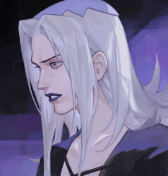  1boy absurdres black_shirt blue_eyes commentary cross-laced_clothes cross-laced_top from_side hat highres jojo_no_kimyou_na_bouken keke_ex leone_abbacchio long_hair long_sleeves makeup male_focus purple_lips purple_theme shirt solo solo_focus teeth vento_aureo white_hair 