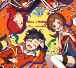  1girl 2boys :d anniversary black_hair black_jacket brown_eyes brown_hair chikorita closed_eyes commentary_request cyndaquil dated ethan_(pokemon) hands_up highres jacket long_hair long_sleeves lyra_(pokemon) multiple_boys open_mouth overalls pokemon pokemon_(creature) pokemon_heartgold_and_soulsilver red_hair red_jacket red_shirt shirt short_hair silver_(pokemon) smile starter_pokemon_trio steepled_fingers teeth thigh-highs toi_(nisanrei121) totodile twintails upper_teeth_only zipper_pull_tab 