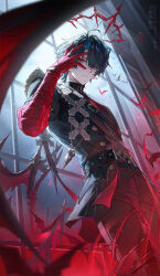  1boy aamoooon_e arknights arknights:_endfield bat_wings black_hair camille_(arknights) colored_skin crown heterochromia highres long_earlobes looking_at_viewer night red_crown red_eyes solo white_skin wings 