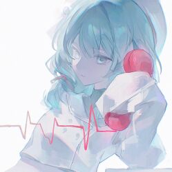  1girl aqua_eyes aqua_hair beret cardiogram commentary_request corded_phone cropped_jacket elbow_rest grey_shirt hair_between_eyes hand_up hat hatsune_miku highres holding holding_phone jacket long_hair long_sleeves looking_at_viewer low_twintails parted_lips phlic phone shirt sidelocks simple_background sleeves_past_fingers sleeves_past_wrists solo talking_on_phone twintails upper_body vocaloid white_background white_hat white_jacket wonder_(vocaloid) 