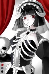  1girl absurdres black_dress black_hair cigarette dress frills highres holding holding_skull horns limbus_company looking_at_viewer maid_headdress project_moon red_eyes ryoshu_(project_moon) short_hair skeleton_costume skull smoking standing veil wakadorin284 