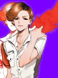  1boy animification ankh_(ooo) breast_pocket brown_hair buttons collared_shirt commentary curtained_hair dress_shirt grin hand_up highres kamen_rider kamen_rider_ooo_(series) looking_at_another looking_at_viewer male_focus nezuiq pocket purple_background shirt short_hair short_sleeves smile upper_body wings 