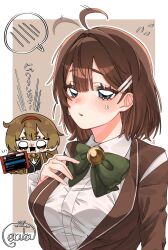  2girls ahoge ahoge_wag blue_eyes blush bow bowtie breasts brown_hair brown_jacket chibi chibi_inset collared_shirt commentary_request dress_shirt expressive_hair frilled_sleeves frills green_bow green_bowtie hair_ornament hairband hairclip hand_on_own_chest highres hod_(project_moon) holding jacket lapels large_breasts library_of_ruina long_sleeves looking_at_viewer malkuth_(project_moon) medium_hair multiple_girls parted_lips project_moon q38jkwbeuo7116 red_hairband shirt signature spoken_blush sweat tented_shirt twitter_screenshot upper_body white_shirt 