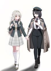  2girls black_eyes black_hair black_pants blue_archive blush book boots bow bowtie braid brown_boots brown_coat brown_shoes coat coat_on_shoulders collared_shirt commentary_request diagonal-striped_bow diagonal-striped_bowtie diagonal-striped_clothes diagonal-striped_necktie full_body green_bow green_bowtie green_coat green_hat green_jacket green_necktie grey_hair grey_skirt hair_intakes hair_ribbon hat high-waist_pants highres hiromi_(blue_archive) holding holding_book holding_hands jacket long_hair long_sleeves looking_at_another medium_hair miyo_(blue_archive) multicolored_coat multiple_girls necktie pants peaked_cap pleated_skirt ribbon ribbon_in_braid shirt shoes simple_background skirt smile socks striped_bow striped_bowtie striped_clothes striped_necktie striped_pants suspenders two-tone_bow two-tone_bowtie two-tone_coat two-tone_necktie white_background white_bow white_shirt white_socks yellow_bow yellow_bowtie yellow_eyes yellow_necktie yude13b yuri 