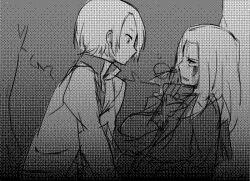  2boys against_tree anpolly blood_on_cheek cloak coat commentary_request greyscale long_hair looking_at_another male_focus medic_(sekaiju_4) medic_3_(sekaiju_4) monochrome multiple_boys open_clothes open_coat parted_lips profile sekaiju_no_meikyuu sekaiju_no_meikyuu_4 short_hair side_part sitting sketch tree upper_body 