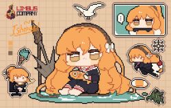  1girl absurdres animalization bird black_jacket black_pants black_shirt bow brown_hairband commentary e.g.o_(project_moon) fish hair_bow hairband harpoon highres ishmael_(project_moon) jacket knees_up kurokumo_clan_(identity)_(project_moon) lcd_(identity)_(project_moon) limbus_company long_hair molar_boatworks_(identity)_(project_moon) multiple_views orange_hair pants person_and_animalization project_moon rope seagull shirt sitting snagharpoon_(e.g.o) trash_crab_(project_moon) untranslatable_commentary very_long_hair xnol_xaxl 