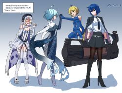  4girls absurdres ahoge artist_name bare_shoulders black_bow black_gloves black_jacket blonde_hair blue_eyes blue_hair bodysuit bow braid breasts ciel-sensei_(fate) ciel_(tsukihime) collar collared_shirt commentary cross cross_print detached_sleeves dress earrings english_commentary fate/strange_fake fate_(series) francesca_prelati_(fate) frilled_collar frills gloves hair_bow highres hooves horse_tail jacket jacket_on_shoulders jewelry large_breasts latin_cross leotard linus208 long_hair long_sleeves mahou_tsukai_no_hako medium_breasts multiple_girls multiple_hair_bows nanako_(tsukihime) necktie open_mouth pantyhose patterned_hair pointy_ears seventh_holy_scripture shirt short_hair showgirl_skirt skirt skull_print smile striped_clothes striped_dress striped_leotard tail thigh-highs trait_connection triten tsukihime tsukihime_(remake) vertical-striped_clothes vertical-striped_dress vertical-striped_leotard very_long_hair white_hair white_shirt yellow_eyes 