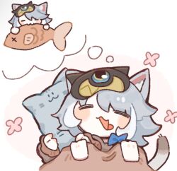  1girl :3 animal_ear_fluff animal_ears biting blanket blue_bow bow cat_ears cat_girl cat_tail chibi cipher_(honkai:_star_rail) closed_eyes commentary_request dreaming fish fish_in_mouth grey_hair honkai:_star_rail honkai_(series) mask mask_on_head open_mouth pachikuri_(udon_zaru) pillow short_hair sleep_mask solo tail under_covers white_background 