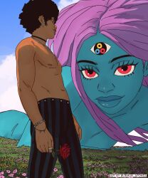  1boy 1girl afro artist_name black_choker black_hair black_pants blue_skin choker colored_skin commentary day english_commentary extra_eyes flower highres holding holding_flower jesus_aponza long_hair looking_at_another navel nipples original outdoors pants pink_hair red_eyes red_flower red_rose rose short_hair size_difference striped_clothes striped_pants topless_male 
