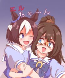  2girls animal_ears blue_eyes blush bow bowtie braid breasts brown_hair commentary_request domino_mask ear_bow ear_ribbon ear_scrunchie el_condor_pasa_(umamusume) eye_mask hair_between_eyes half_up_braid highres horse_ears horse_girl hug hug_from_behind long_hair mask medium_breasts mokichi3356 multicolored_hair multiple_girls one_eye_closed open_mouth ponytail puffy_short_sleeves puffy_sleeves purple_bow purple_bowtie purple_shirt sailor_collar sailor_shirt school_uniform shirt short_hair short_sleeves smile special_week_(umamusume) tracen_school_uniform two-tone_hair umamusume violet_eyes white_hair white_sailor_collar 