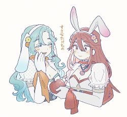  2girls animal_ear_hairband animal_ears apple aqua_hair bow braid chloe_(fire_emblem) chloe_(spring)_(fire_emblem) closed_eyes closed_mouth commentary_request cordelia_(fire_emblem) cordelia_(spring)_(fire_emblem) cropped_torso fake_animal_ears fire_emblem fire_emblem_awakening fire_emblem_engage fire_emblem_heroes food fruit hair_between_eyes hair_bow hairband holding holding_food holding_fruit multiple_girls official_alternate_costume open_mouth puffy_short_sleeves puffy_sleeves rabbit_ear_hairband rabbit_ears red_bow red_eyes red_hair short_sleeves single_braid smile tanago_(namiuchigiwa) translation_request upper_body white_background 