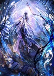  1girl bubble commentary dna double_helix eldritch_abomination english_commentary genshin_impact glitter halo halo_behind_head highres naberius_(genshin_impact) no_mouth no_pupils purple_hands rhinedottir_(genshin_impact) sagescherrytree silhouette solo swimming underwater veil white_veil 